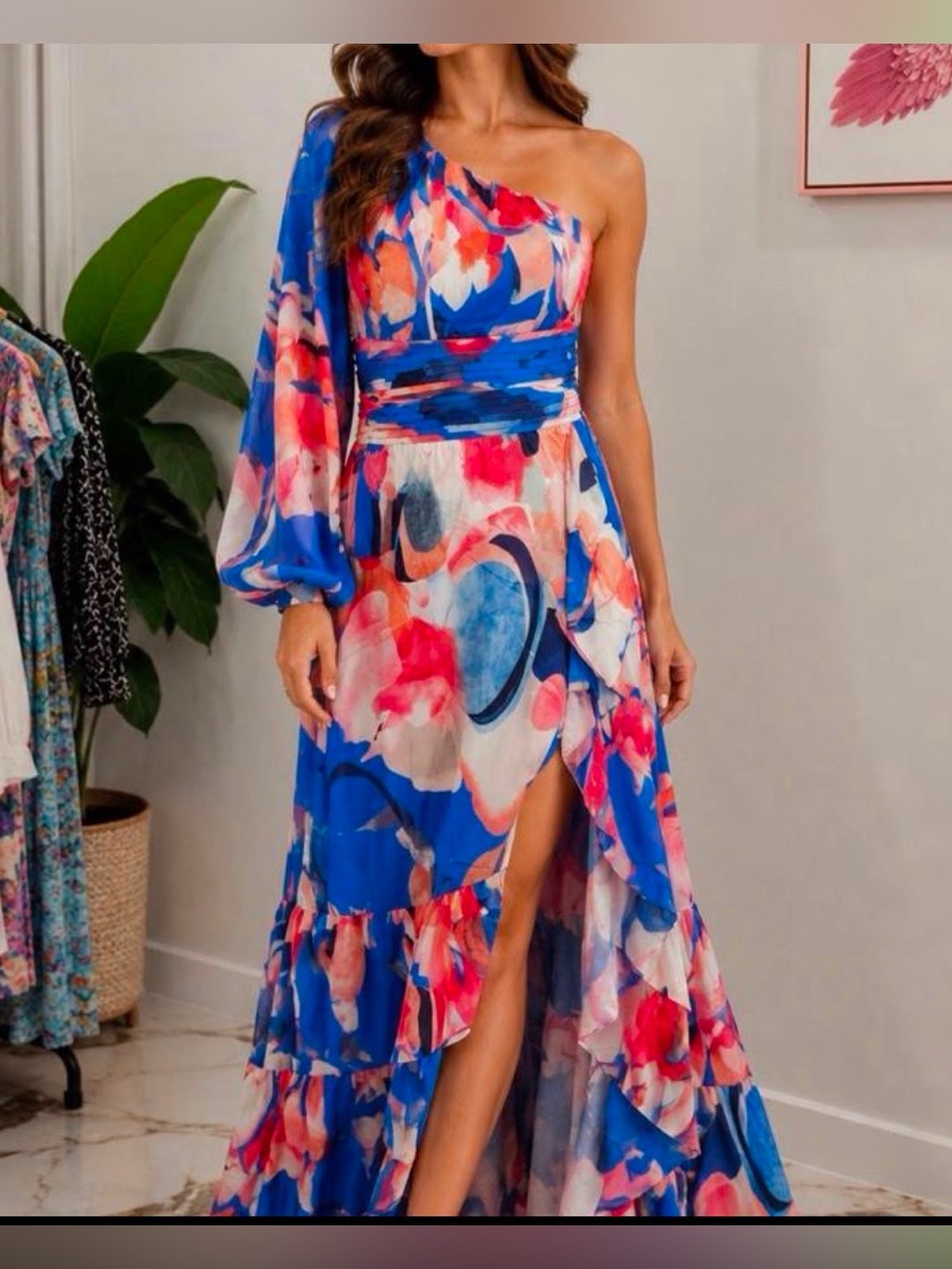 One-Shoulder Blue Floral Maxi Dress